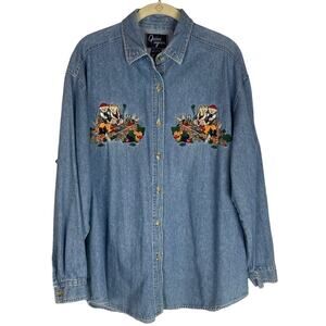 Vintage Fall Teddy Bear embroidered long sleeve denim shirt